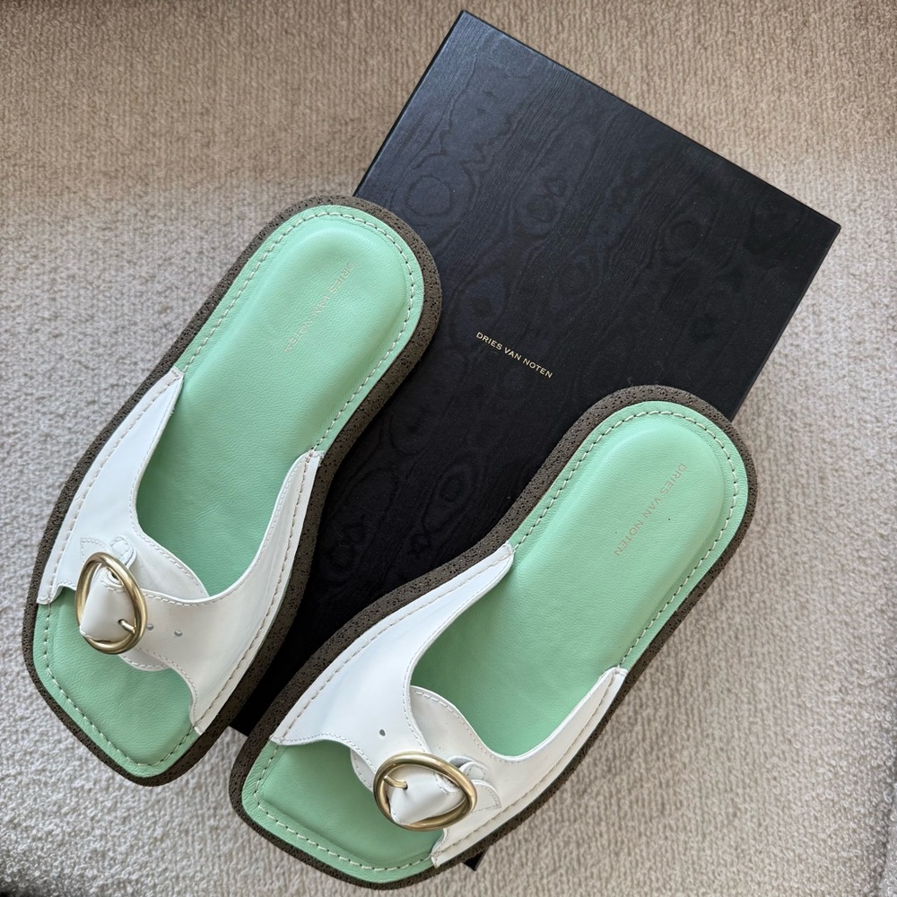 Dries Van Noten Mint Green and White Slide Sandals, Size EU 38.5